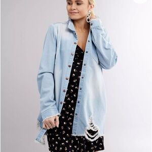 Mustard Seed Trench Denim Jean Jacket Distressed Long Frayed Hem Women’s Small